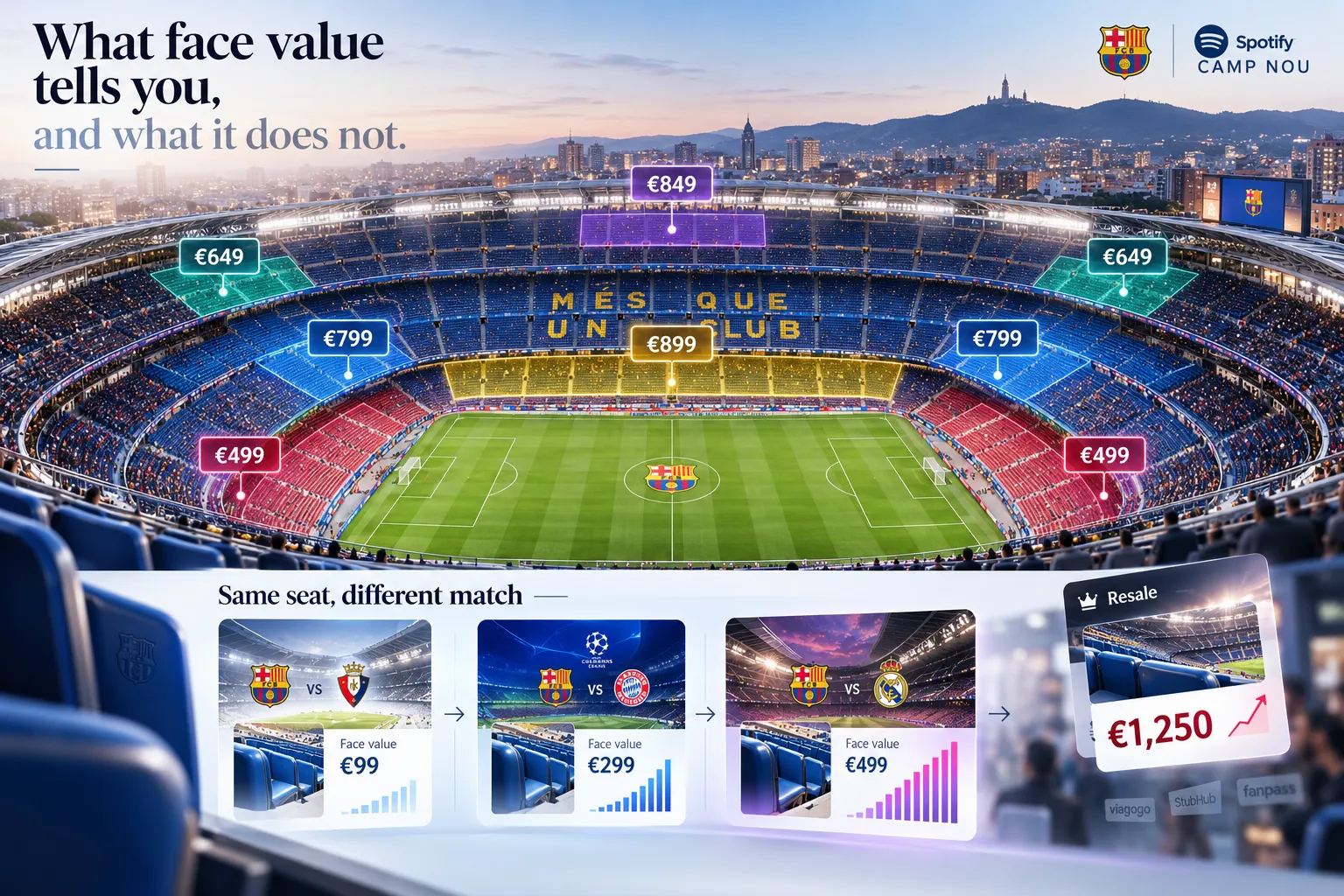 Infographic mapping seat face-value prices across Camp Nou sections alongside a graphic comparing face value versus secondary market resale prices.