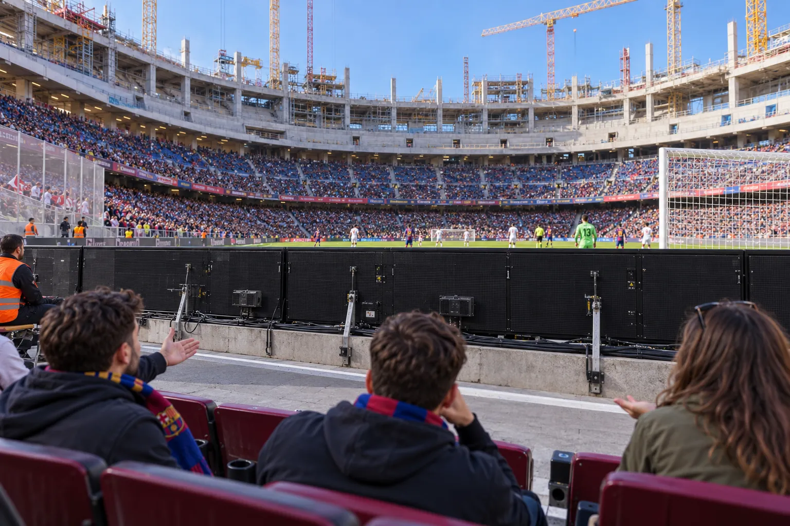 Pitch-level view behind an LED advertising board showing fans watching players on the pitch during a match at Spotify Camp Nou.