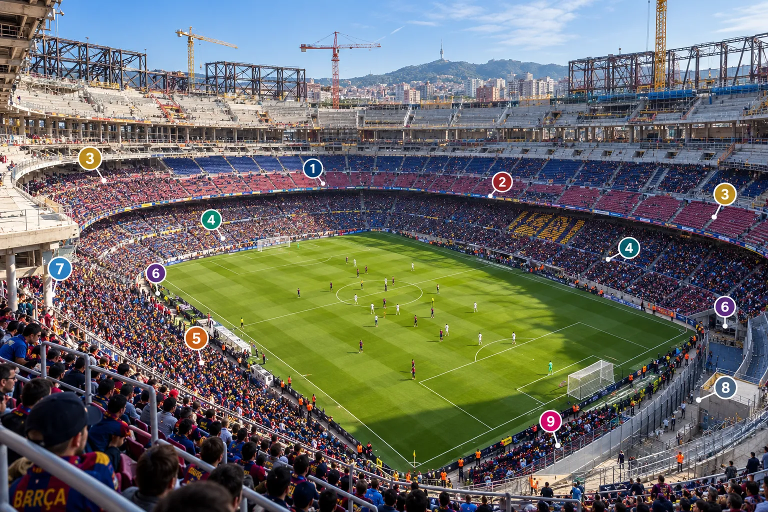 Wide-angle stadium view with numbered callouts pinpointing key seating sections, stand levels, and sightlines across Spotify Camp Nou.