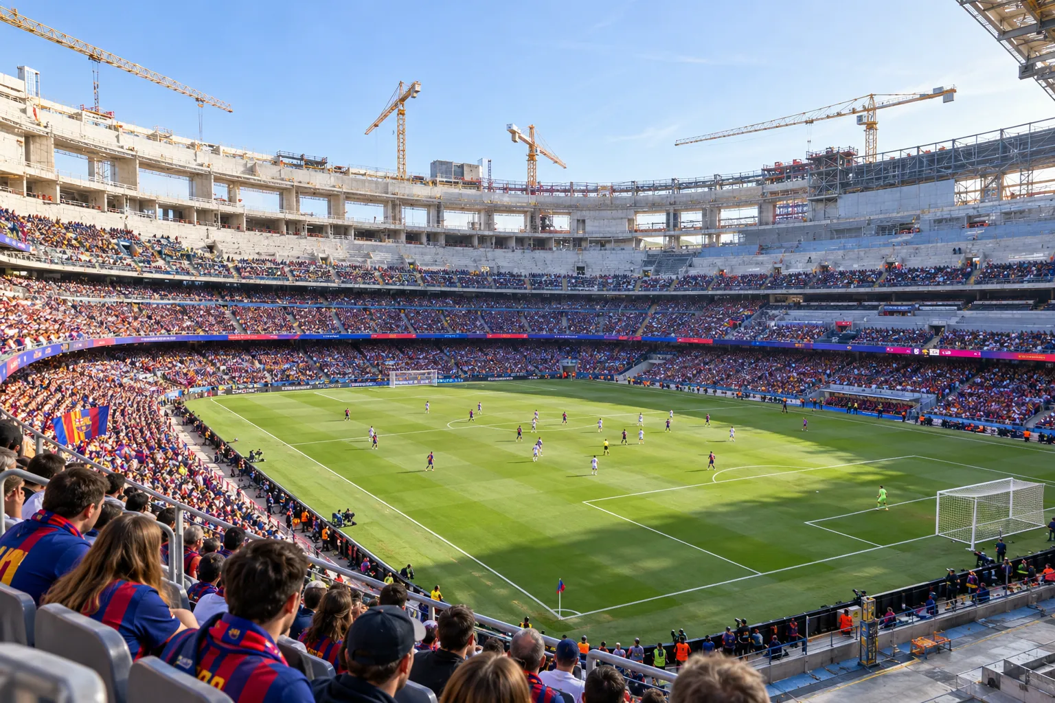 Elevated corner view of the pitch and surrounding open seating tiers during match play at Spotify Camp Nou.