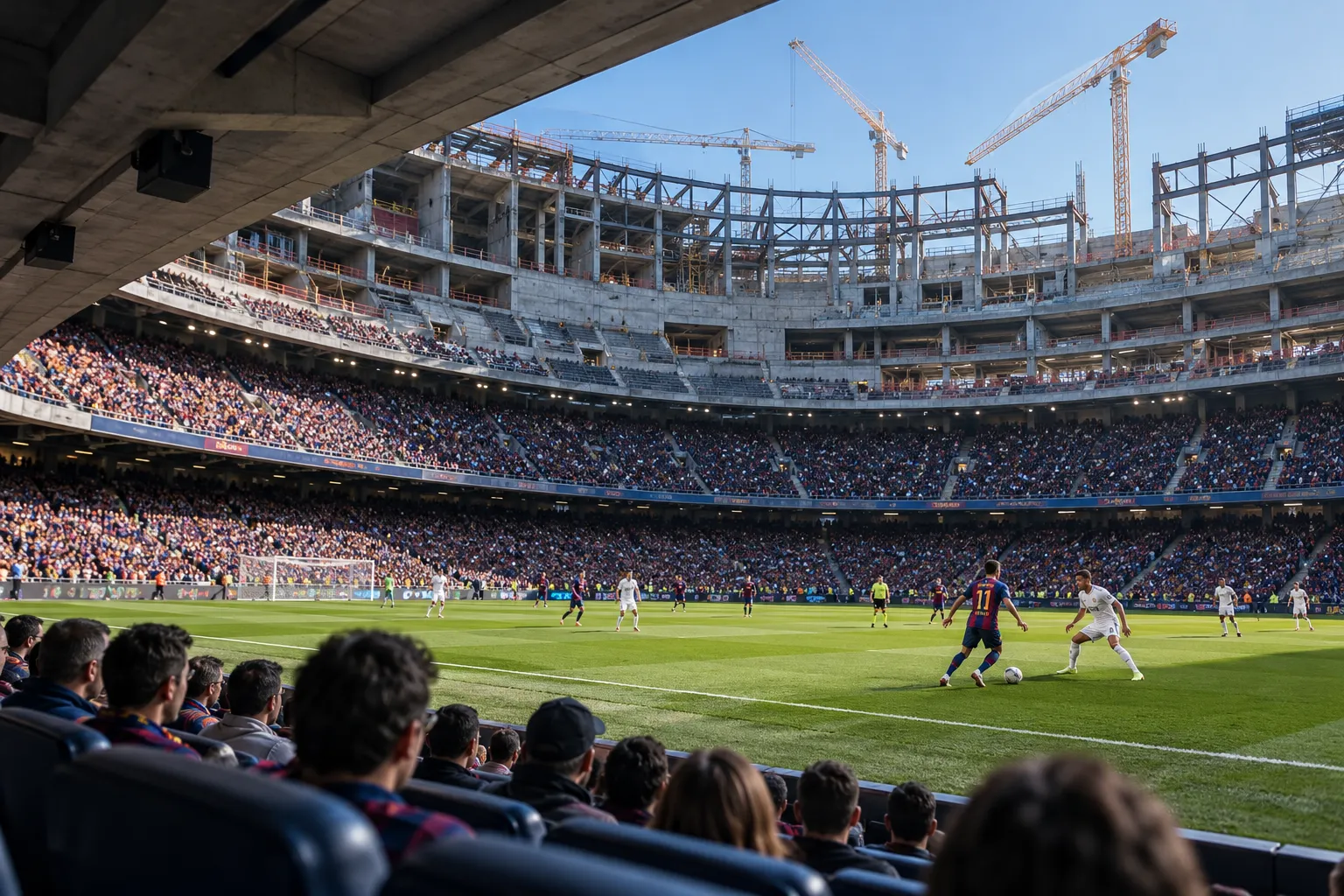Ground-level view from the front rows as Barcelona players dribble past defenders near the sideline.