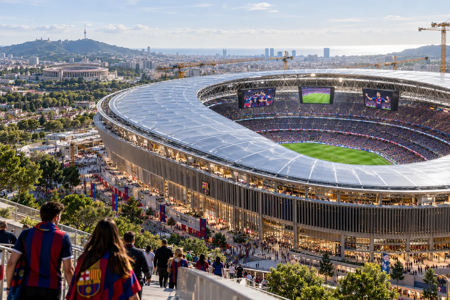 Panoramic aerial render of the completed Spotify Camp Nou stadium set against the Barcelona cityscape and coastline, with fans walking up access steps in the foreground.