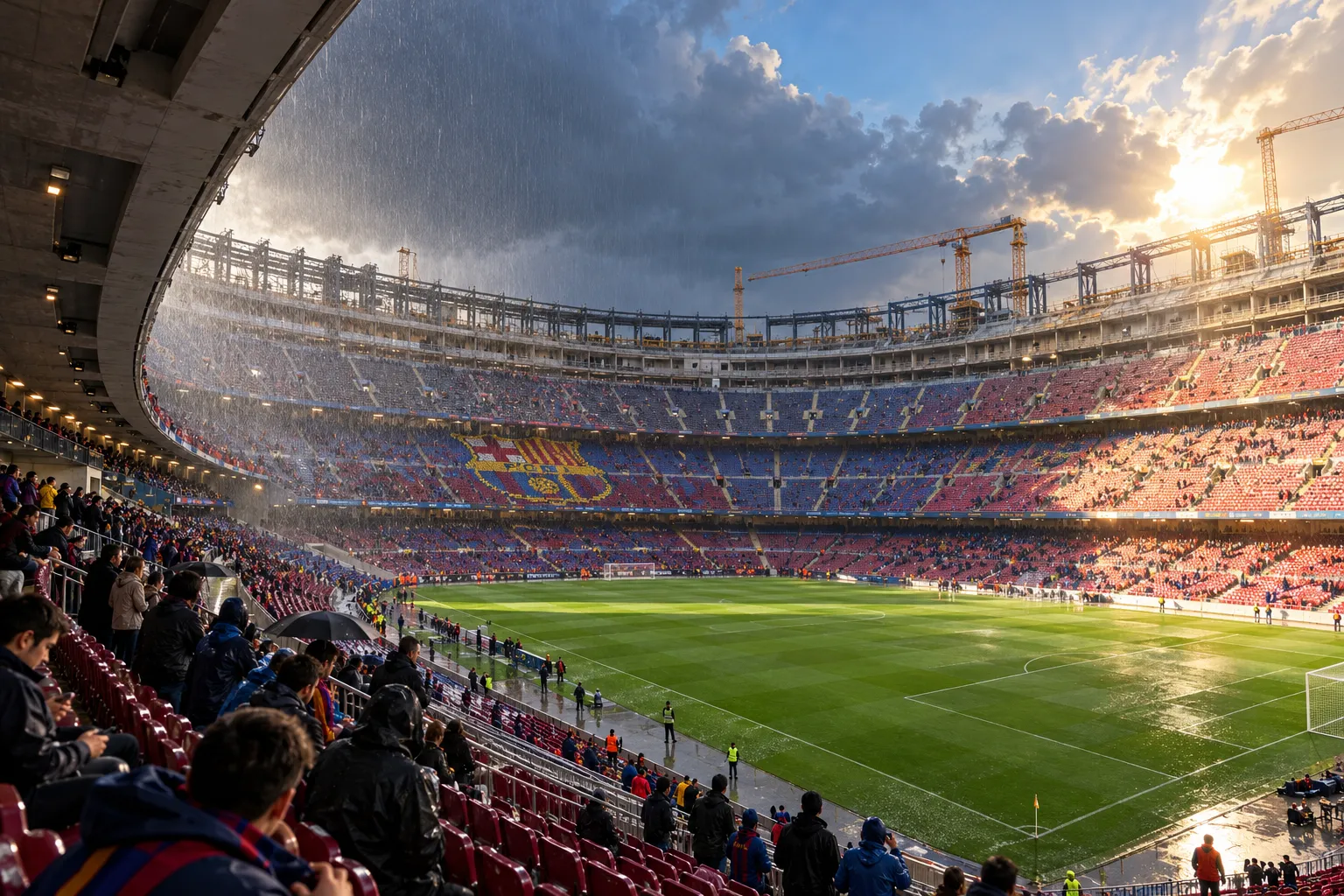 Rain falling over spectators in covered lower-stand seats at Spotify Camp Nou during ongoing roof and upper-tier construction.