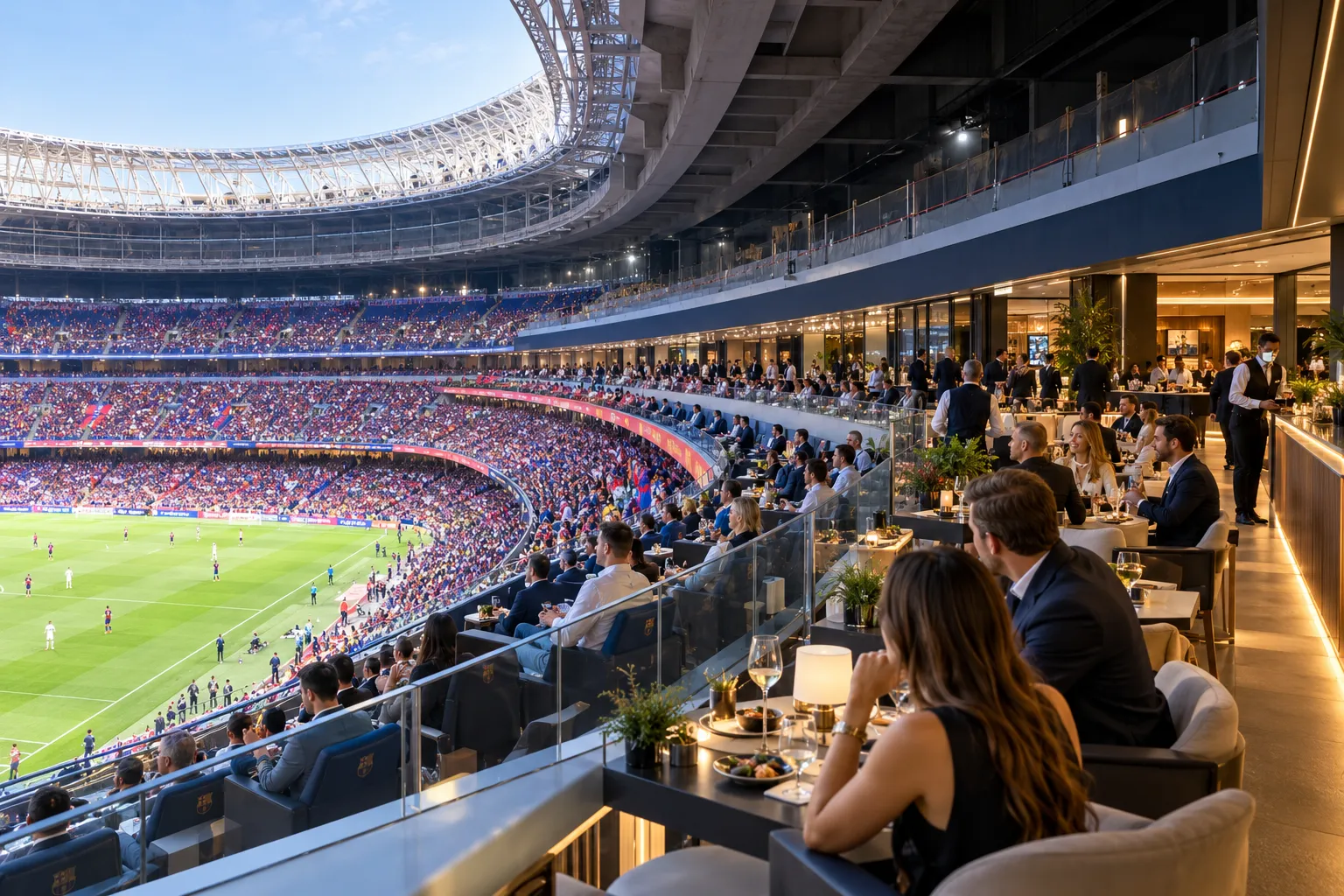 VIP dining area inside an executive suite overlooking the pitch during a match at Spotify Camp Nou.