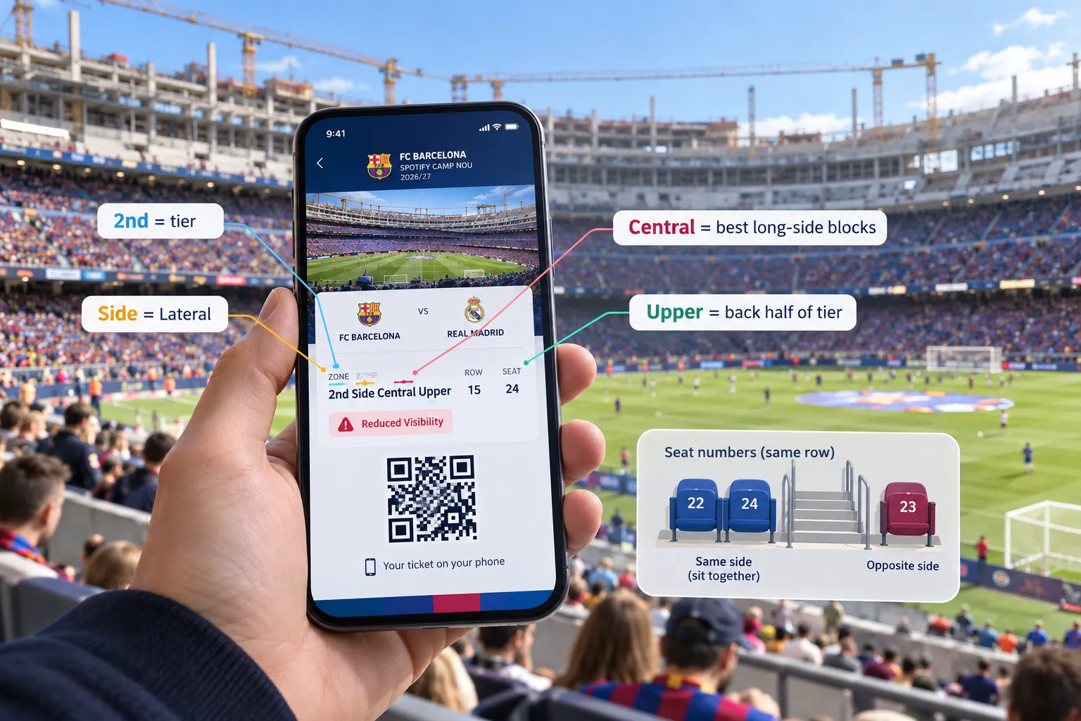 Smartphone displaying a digital Camp Nou ticket with annotations explaining tier, zone, row, seat numbers, and reduced visibility warnings.