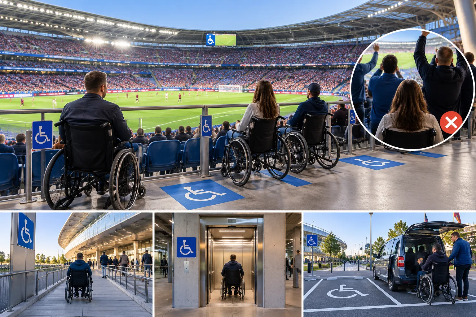 Photo collage illustrating accessible matchday features at Spotify Camp Nou, including designated wheelchair seating platforms, ramps, elevators, and accessible parking spaces.