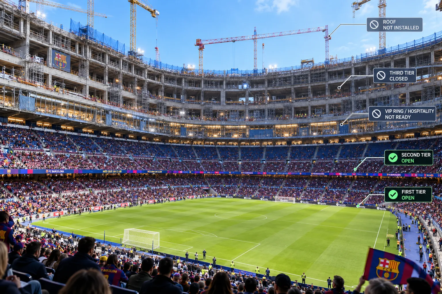 Stadium construction update diagram marking the first and second tiers open, while the third tier, roof, and VIP ring remain closed.