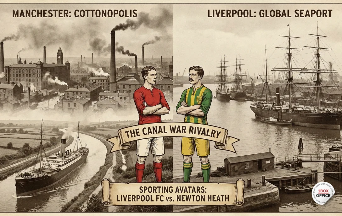 A ship navigating the Manchester Ship Canal, symbolizing the 19th-century economic rivalry and "Canal War" that sparked the North West Derby between Liverpool and Manchester United