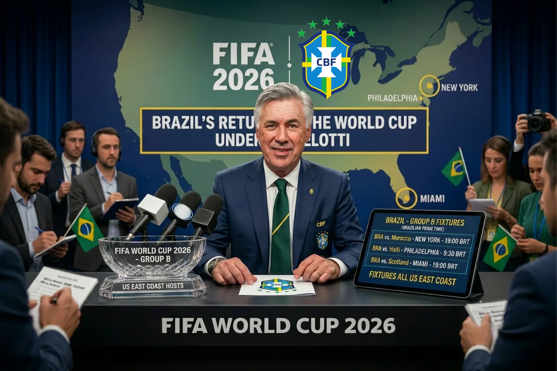 A digital graphic styled as a press conference room for FIFA World Cup 2026. Renowned football manager Carlo Ancelotti sits centrally at a black desk marked "FIFA WORLD CUP 2026," wearing a navy blue suit jacket with the Brazilian CBF crest and a green tie. In front of him sits a glass trophy bowl labeled "FIFA WORLD CUP 2026 - GROUP B - US EAST COAST HOSTS" and a tablet screen displaying "BRAZIL - GROUP B FIXTURES." The background features a large green map of the United States pinpointing New York, Philadelphia, and Miami, beneath a banner reading "BRAZIL'S RETURN TO THE WORLD CUP UNDER ANCELOTTI." Journalists are visible on both flanks taking notes.