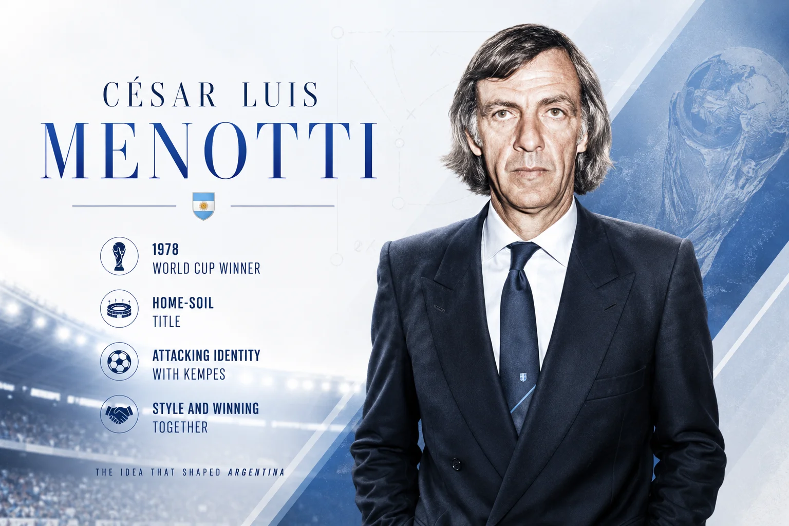 A legacy profile infographic captures the intense gaze of manager César Luis Menotti. The right side presents a portrait of a serious, long-haired Menotti looking forward, dressed in a dark double-breasted suit blazer, white dress shirt, and a dark blue tie. The left text column outlines his legendary milestone as the 1978 World Cup winner, delivering a home-soil title for Argentina. It details his commitment to style and winning together, emphasizing an attacking tactical identity built around star player Mario Kempes.