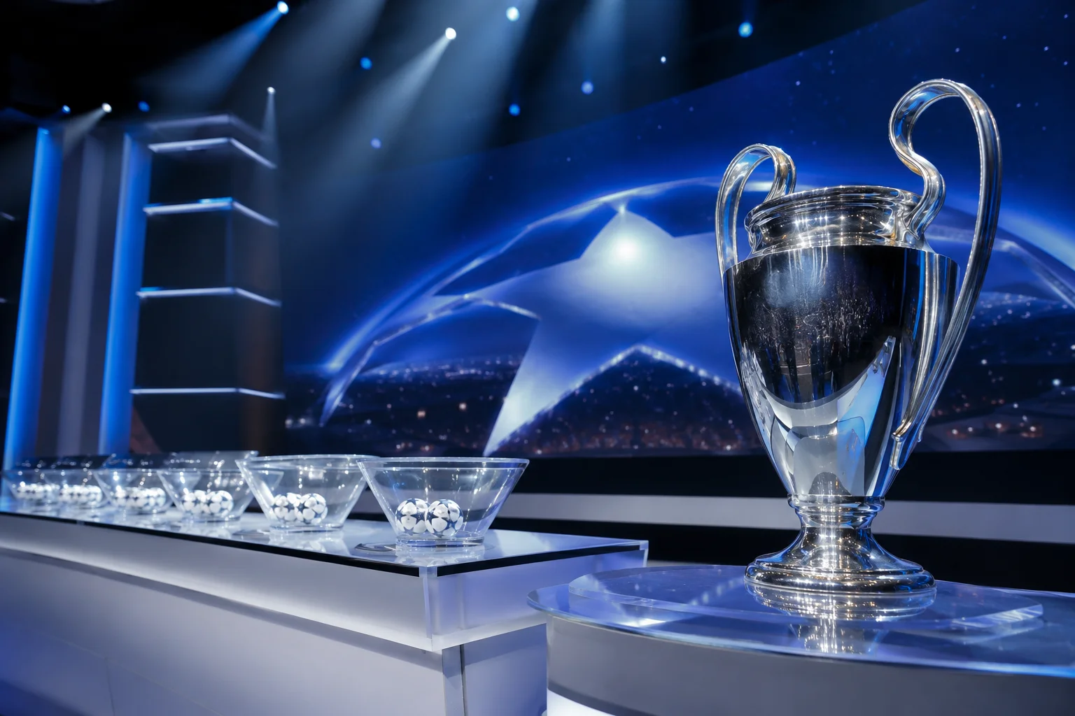 The UEFA Champions League trophy standing on a stage next to transparent glass bowls containing draw balls for a live tournament draw event.