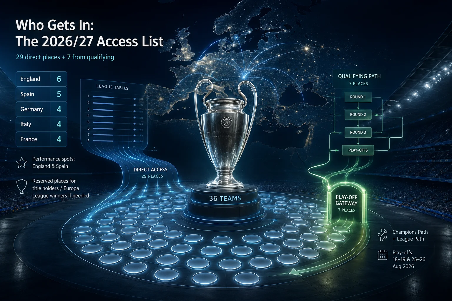 A diagram illustrating the 36-team access list for the 2026/27 Champions League, breakdown of direct qualification spots by country, and the qualifying path tree.