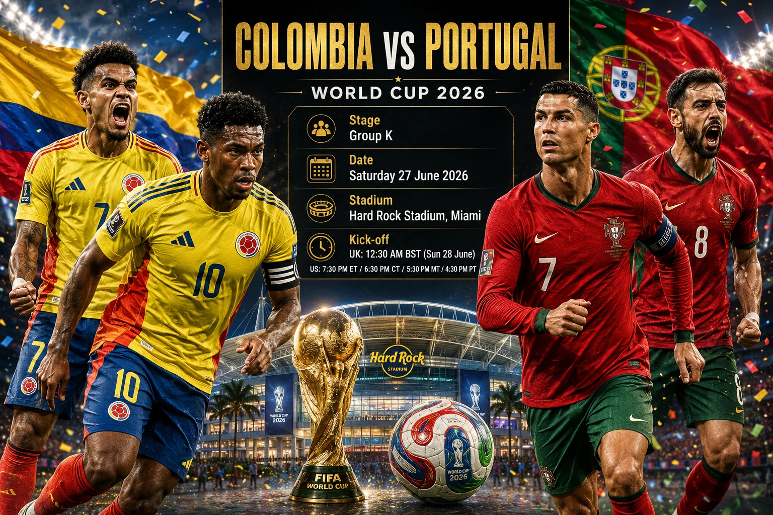 شاشة ترويجية لمباراة تجميعية لكأس العالم 2026 لمرحلة المجموعات بين "كولومبيا ضد البرتغال." الجانب الأيسر يظهر لاعبًا كولومبيًا يحتفل بقميص أصفر ضد خلفية ذهبية داكنة تحتوي على شعار اتحاد كرة القدم الكولومبي. الجانب الأيمن يظهر لاعبًا برتغاليًا في قميص أحمر ضد خلفية حمراء داكنة تحمل شعار الاتحاد البرتغالي لكرة القدم. كأس العالم الذهبية موجودة في المنتصف فوق نص المباراة: "27 يونيو | هيوستن، تكساس."