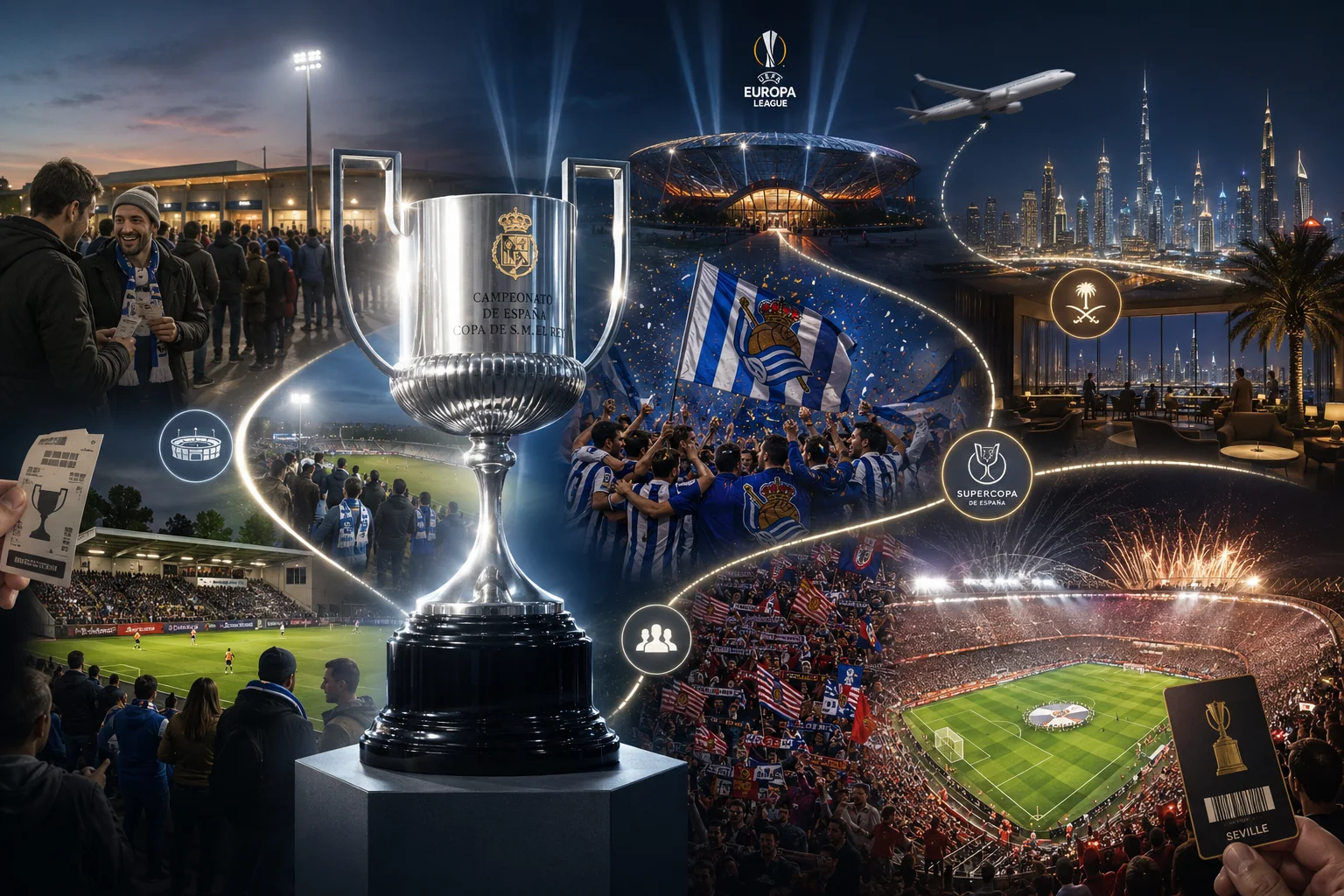 صور توضيحية تظهر مكافآت الفوز بكأس الملك، بما في ذلك التأهل للدوري الأوروبي، والوصول إلى سوبر كوب إسبانيا، واحتفالات المشجعين، وتذاكر يوم المباراة.