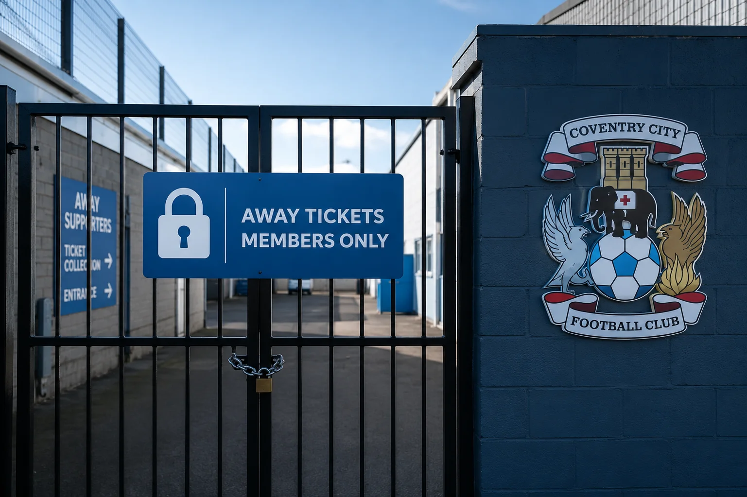 بوابة معدنية سوداء مقفلة في ملعب كرة القدم featuring a blue sign reading "تذاكر الضيوف للأعضاء فقط" with a padlock icon, positioned next to a brick wall مع شعار نادي كرة القدم لمدينة كوفنري.