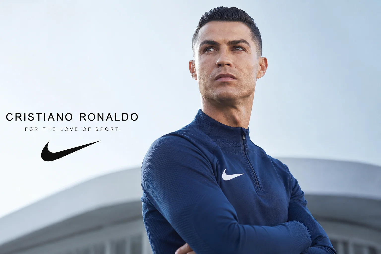 A commercial infographic summarizing Cristiano Ronaldo's massive global business and marketing portfolio. The center displays Ronaldo dressed in a sharp, tailored navy blue suit smiling directly at the camera. Surrounding him are neatly arranged, floating corporate logos of his major lifelong and primary sponsors, including Nike, Herbalife, Clear, and his personal CR7 fashion, fragrance, and hotel brand emblems. Clean textual data beneath the imagery estimates his commercial earnings and status as a multi-billionaire athlete.