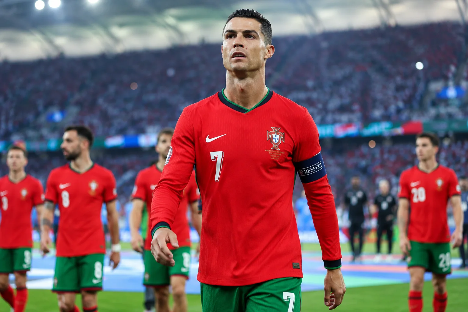 An international career infographic focused on Cristiano Ronaldo's leadership of the Portugal national team. The left side depicts Ronaldo mid-shout, passionately adjusting his green captain's armband while wearing the deep red Portugal home international kit. The background integrates the Portuguese Football Federation crest and gold celestial navigation stars. The right side highlights his historic achievements as the all-time men's international top goalscorer, leading his country to victory at UEFA Euro 2016 and the 2019 UEFA Nations League.