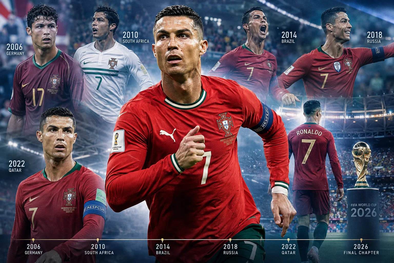 بورتريه مقرب للمهاجم البرتغالي كريستيانو رونالدو أثناء مباراة. يُظهر من الصدر إلى الأعلى، يبدو قليلاً عن الكاميرا بتعبير عميق ومكثف. يرتدي زي البرتغال الأحمر مع تفاصيل ياقته الخضراء، وعرق يتلألأ على جبهته ووجهه تحت أضواء الملاعب الساطعة التي تتblur في خلفية داكنة.