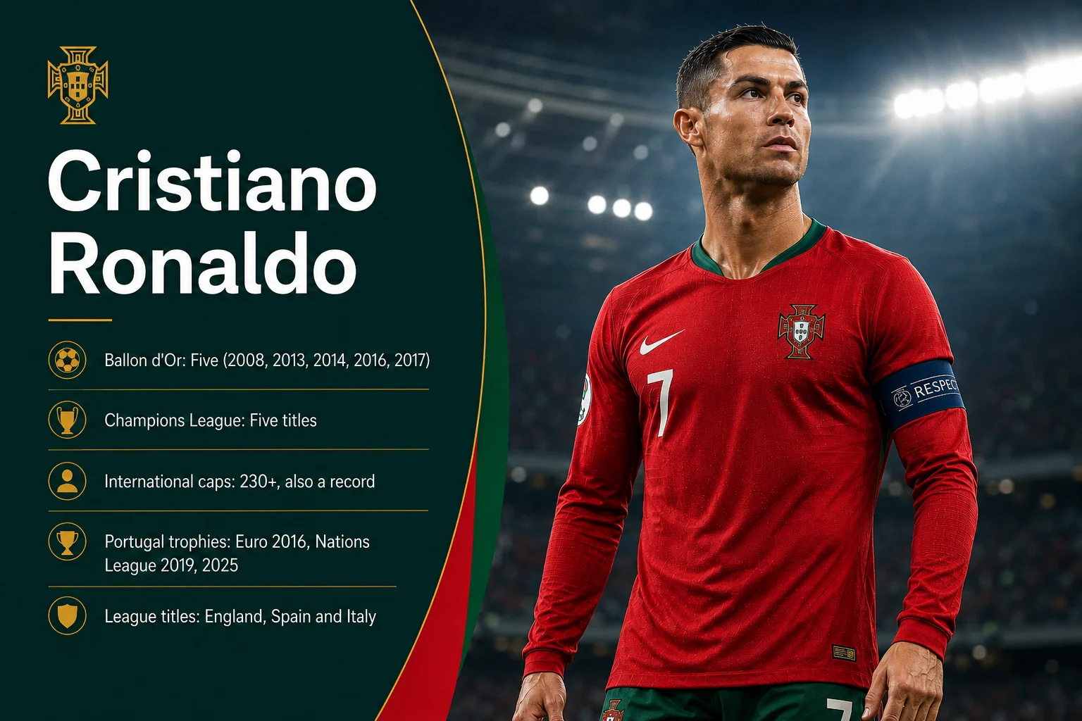 A legacy profile card titled "Cristiano Ronaldo" highlights the iconic Portuguese forward screaming in celebration mid-match while wearing a red national team jersey and the captain's armband. The card features a deep crimson and gold design layout, complete with an official team badge in the top right corner. Positioned below his name, three historic career achievements are displayed: "212 Caps" recognizing his unmatched longevity, a historic "130 Goals" cementing his place as the highest scoring male international player, and "1x Euro Winner" celebrating his legendary title victory at UEFA Euro 2016.