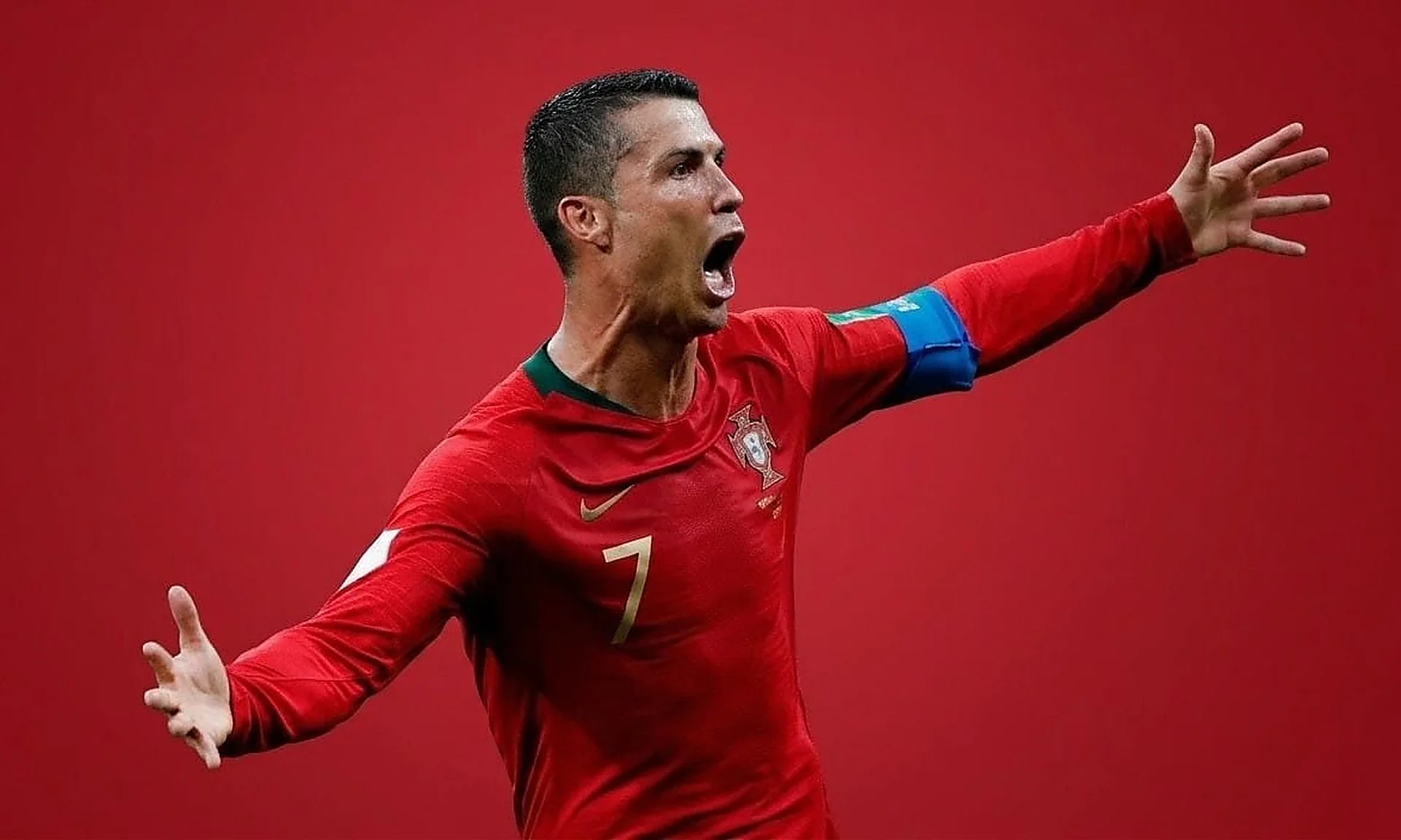 Shows Portuguese superstar Cristiano Ronaldo mid-celebration wearing his iconic number 7 jersey.