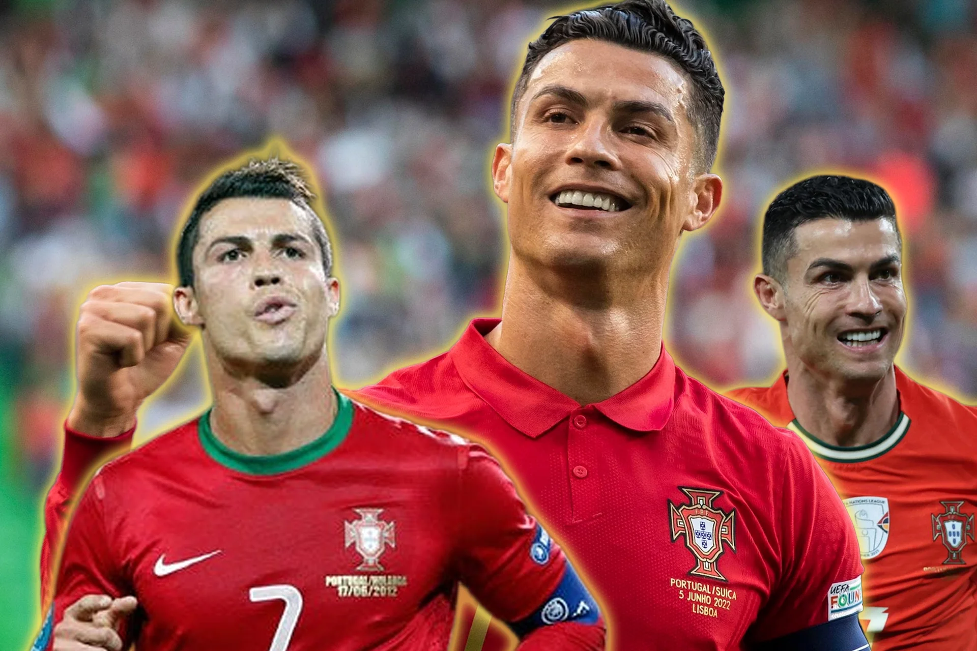 A composite celebration image tracking Cristiano Ronaldo's international career with the Portugal national team. The central, dominant image shows a smiling, mature Ronaldo looking upward in a red collared polo jersey featuring the Portuguese crest. To his left, a younger Ronaldo intensely celebrates with a clenched fist wearing the classic number 7 kit from 2012. To his right, another modern depiction shows him smiling in a red kit during a 2022 Nations League match.
