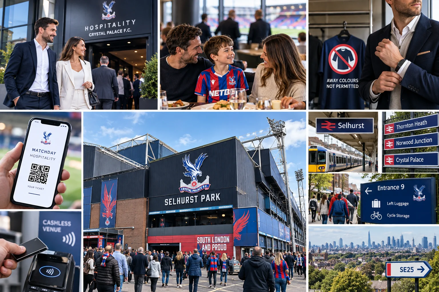 A nine-panel collage illustrating the Crystal Palace matchday guide: guests arriving in smart-casual attire, family dining inside a suite, dress code guidelines, a smartphone displaying a digital QR ticket, Selhurst Park stadium main entrance, contactless card payment, local train station signs, venue directions, and an aerial view of London.