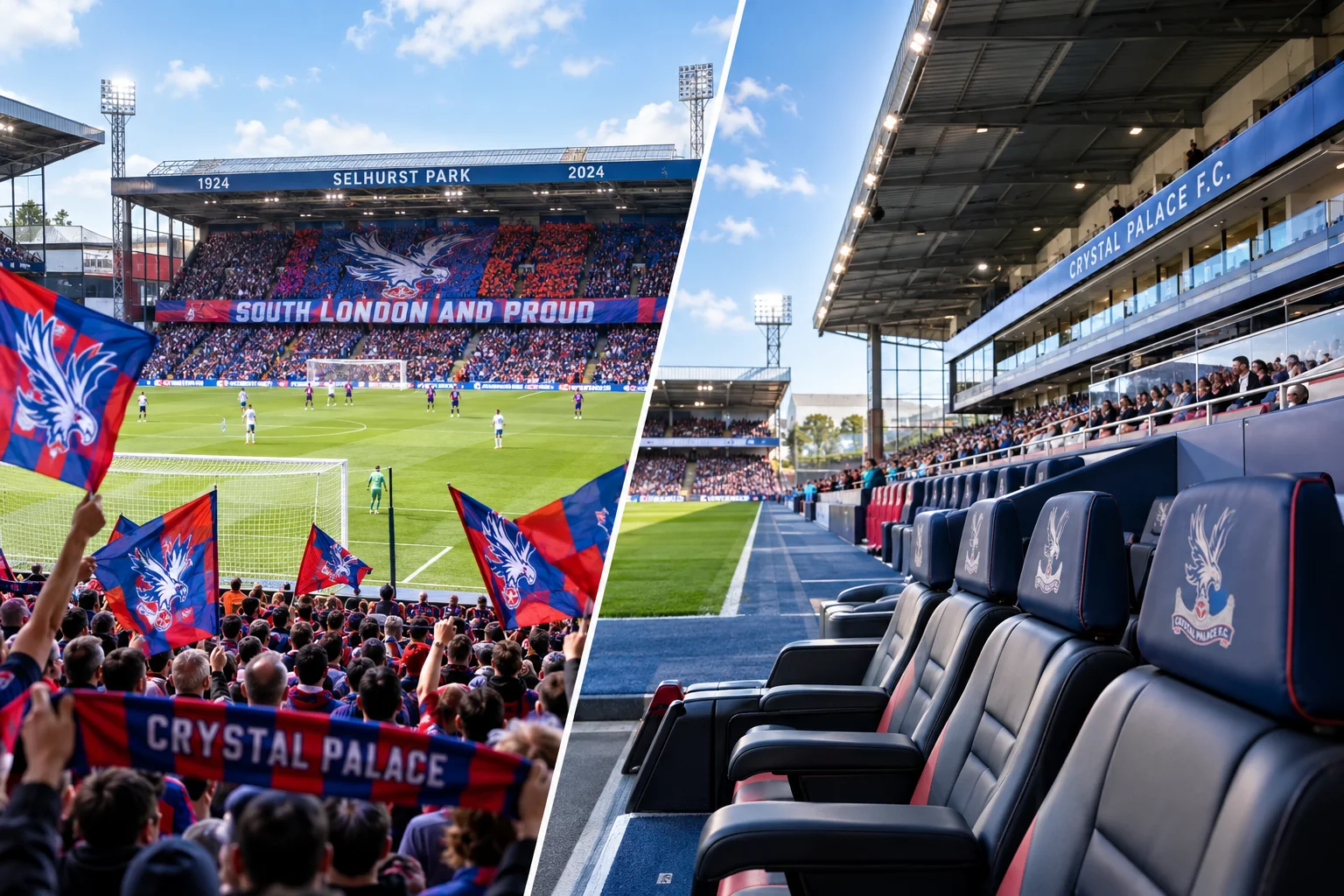 Side-by-side comparison image showing packed stadium stands with fans waving Crystal Palace flags on the left, contrasted with plush, leather executive seats inside a modern glass hospitality suite overlooking the pitch on the right.
