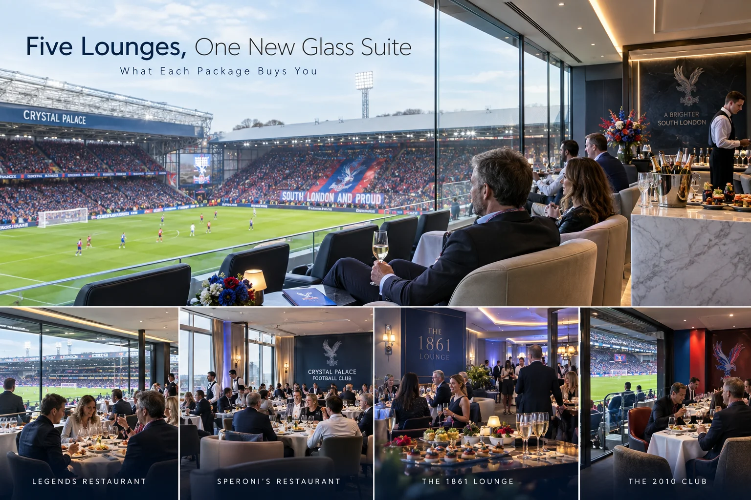 A multi-panel promotional image showcasing Crystal Palace hospitality options: a large hero image of guests sitting in a luxury glass suite overlooking Selhurst Park, flanked below by four smaller photos representing Legends Restaurant, Speroni's Restaurant, The 1861 Lounge, and The 2010 Club.