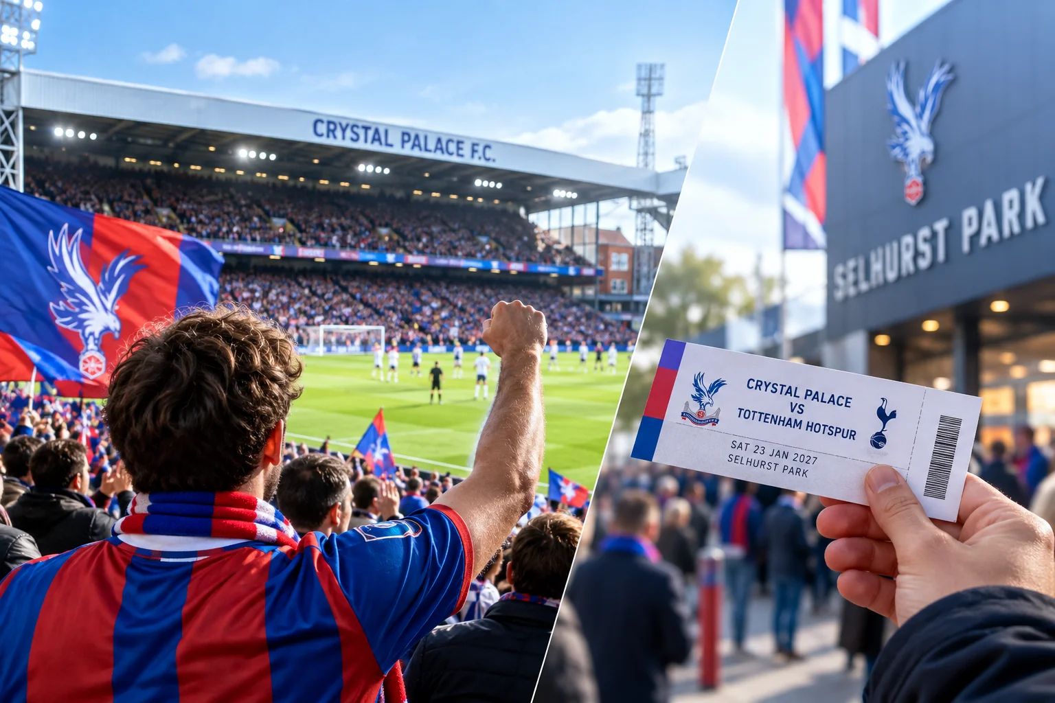 A split photo showing a passionate Crystal Palace fan cheering with a raised fist inside Selhurst Park on the left, and a close-up on the right of a hand holding a paper ticket for Crystal Palace vs Tottenham Hotspur on January 23, 2027, outside the stadium.