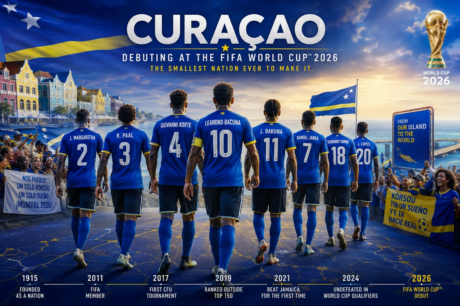 رسمة ترويجية تحتفل بظهور كوراساو في كأس العالم FIFA 2026. في الأعلى، النص العريض يقرأ "كوراساو تظهر في كأس العالم FIFA 2026" مع الشعار "أصغر دولة تصل إلى النهائيات على الإطلاق." ثمانية لاعبي كرة قدم يرتدون قمصان حمراء يظهرون من خلف، يسيرون بعيدًا عن بلدة ساحلية ملونة في الكاريبي نحو البحر. تظهر القمصان أسماء اللاعبين وأرقامهم: ج. مارغاريثا (2)، ر. بال (3)، جيوفاني كورت (4)، ليandro باكونا (10)، ج. باكونا (11)، رانجيل جانجا (7)، شوراندي سامبو (18)، وج. لوبيز (20). يحضر المشجعون لافتات وأعلام لكوراساو مكتوبة بلغة البابيمنتو. أيقونة كأس العالم FIFA الرسمية تظهر في أعلى اليمين. خط زمني في الأسفل يمتد من 1915 ("تأسست كأمة") إلى 2026 ("ظهور كأس العالم FIFA").