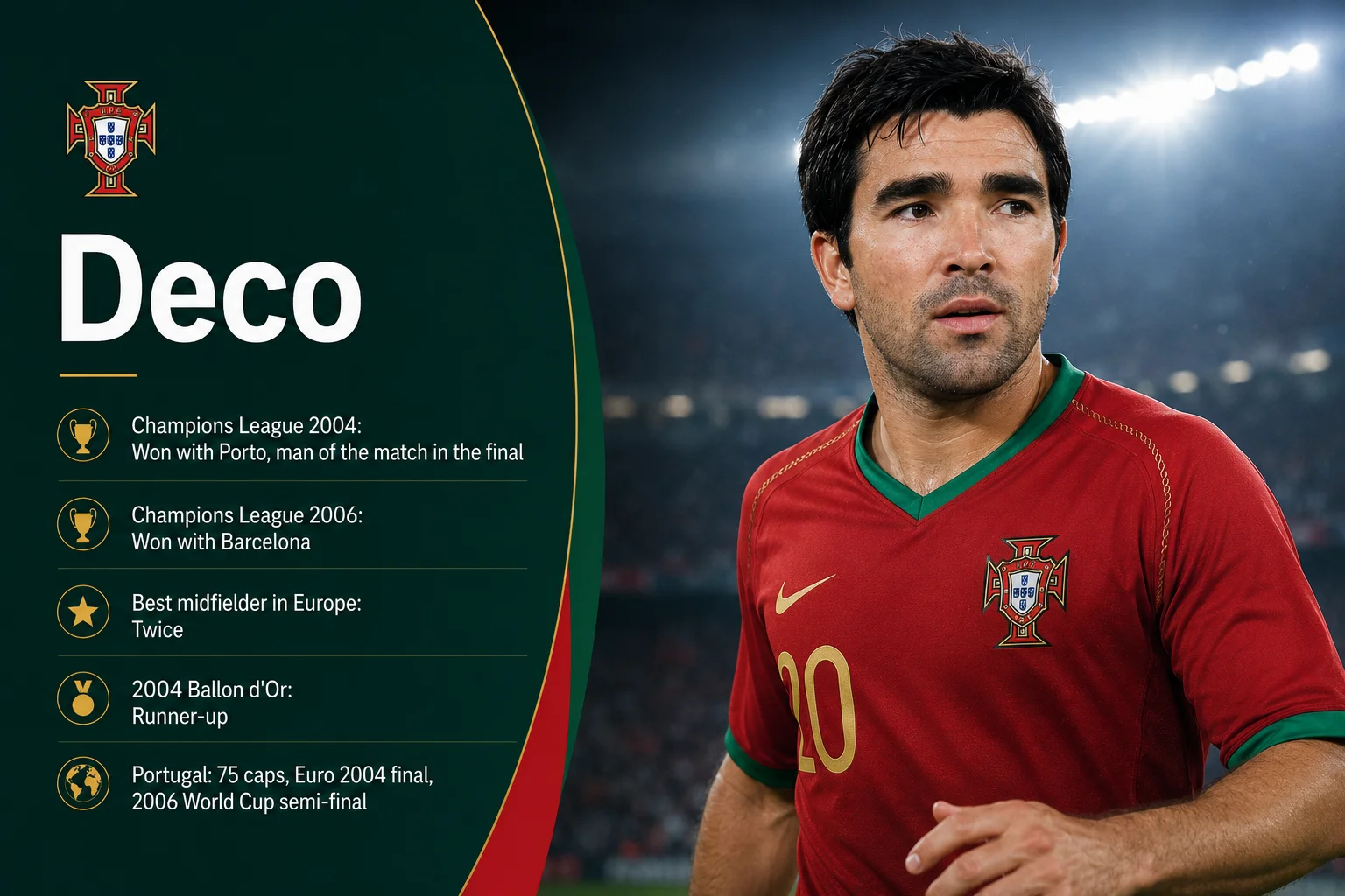 A sports graphic titled "Deco" features the brilliant midfield maestro tracking the ball intently during a match in his red national kit. The card features deep red tones with distinct dark borders and a gold-lined icon in the upper right corner. Below his name, three central metrics outline his international career: "75 Caps" marking his key appearances in midfield, "5 Goals" scored, and "Euro 2004 Finalist" recognizing his major contribution to the team's historic run on home soil.