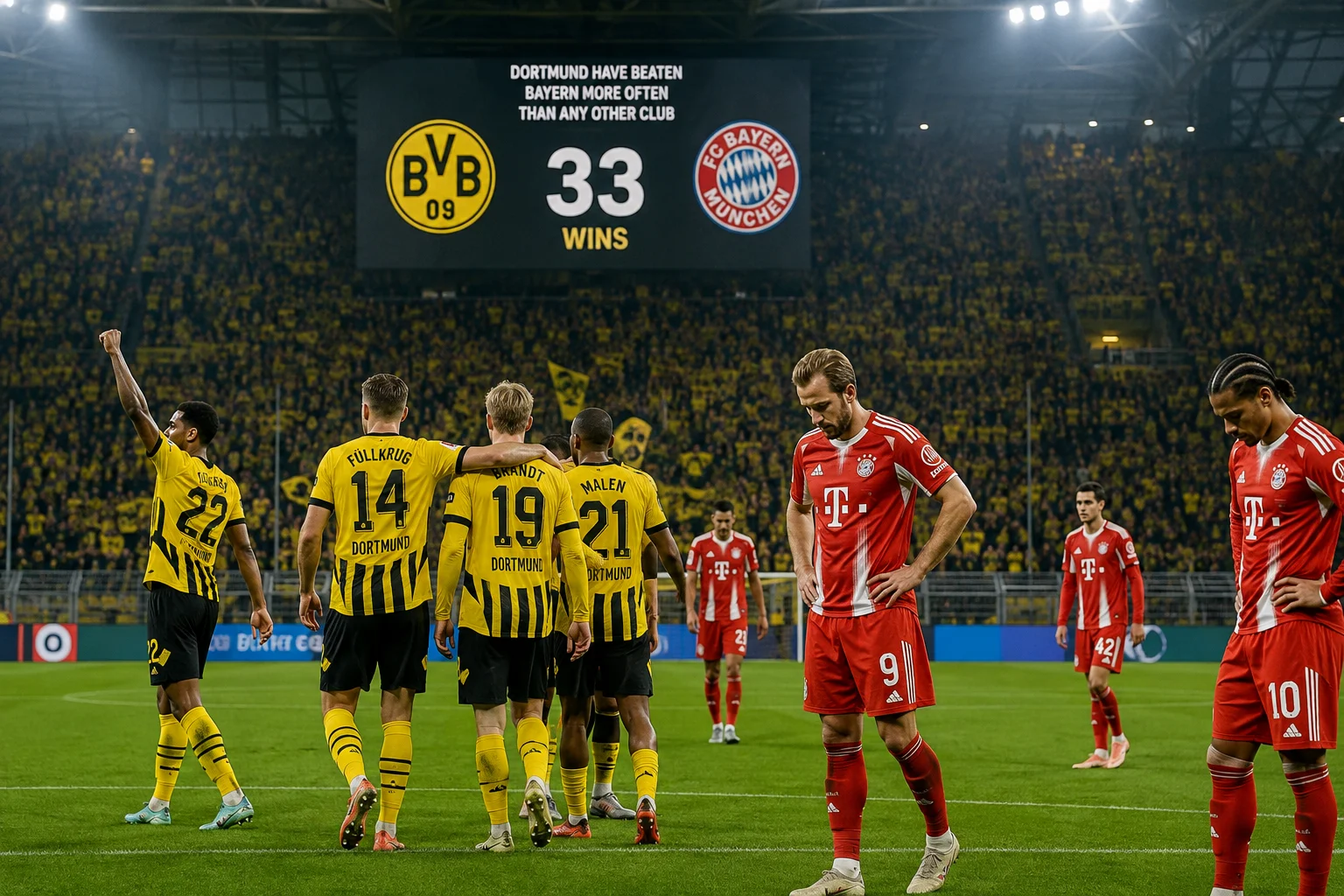 لاعبو بروسيا دورتموند يحتفلون معًا في الملعب بينما يتفاعل لاعبو بايرن ميونيخ المخيبون، بما في ذلك هاري كين.