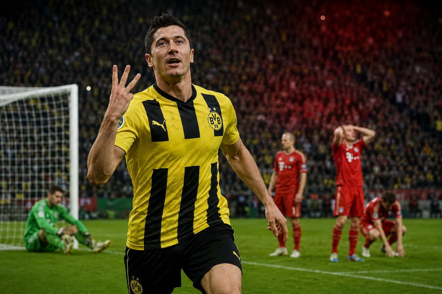 روبرت ليفاندوفسكي يحتفل بتسجيل هدف بينما يرتدي قميص بروسيا دورتموند ضد بايرن ميونيخ.