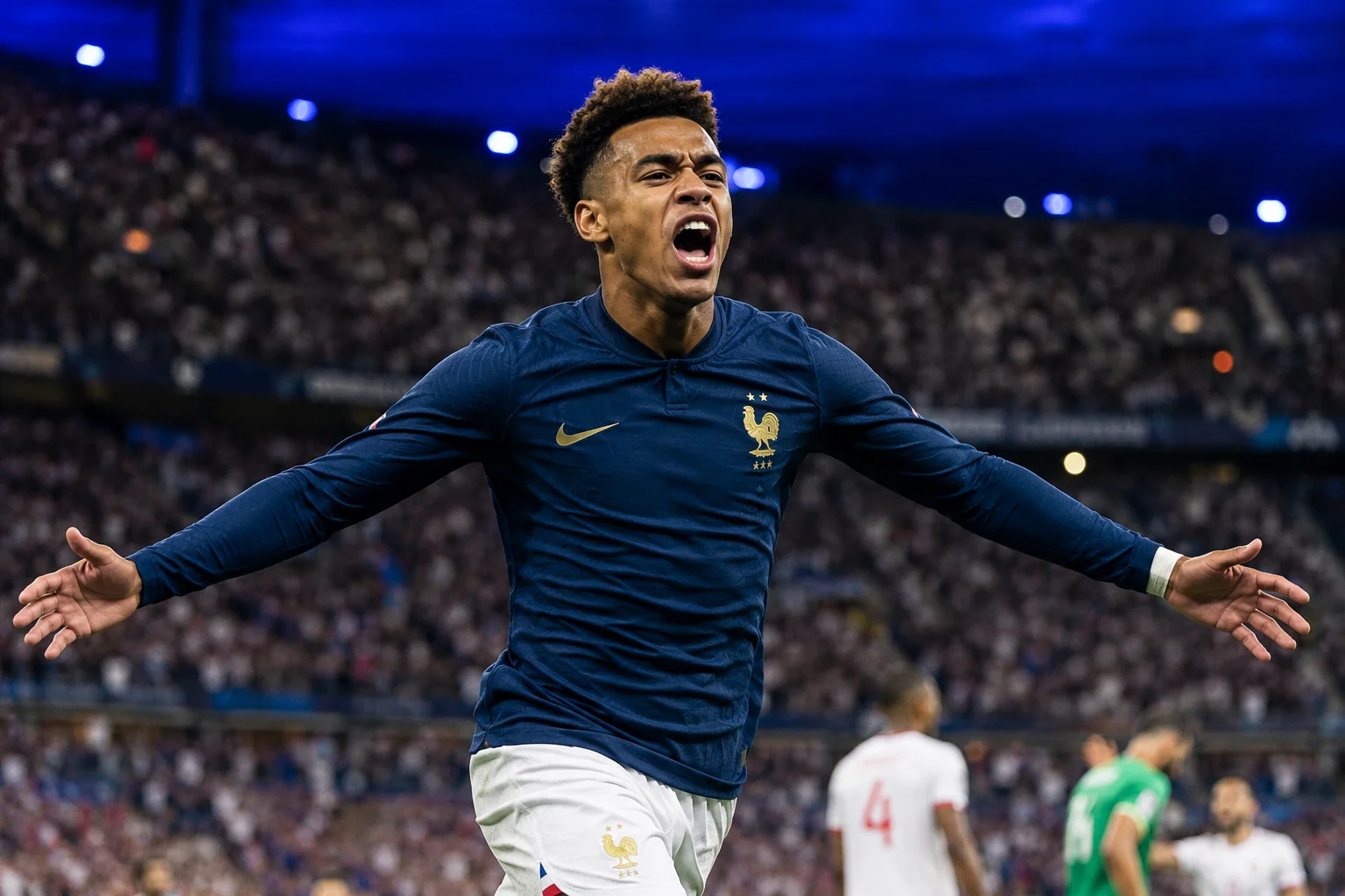 صورة ديناميكية أثناء المباراة للاعب الفرنسي ديزيريه دوé. يتم تصويره من الصدر إلى الأعلى، وينظر فوق كتفه نحو الملعب بتعبير حاد ومتنبه. يرتدي القميص الأزرق الداكن الكلاسيكي لفرنسا مع الشعار الأبيض المشرق للدجاجة الظاهر على الصدر الأيسر، في خلفية مشوشة لأستاد تحت الأضواء.