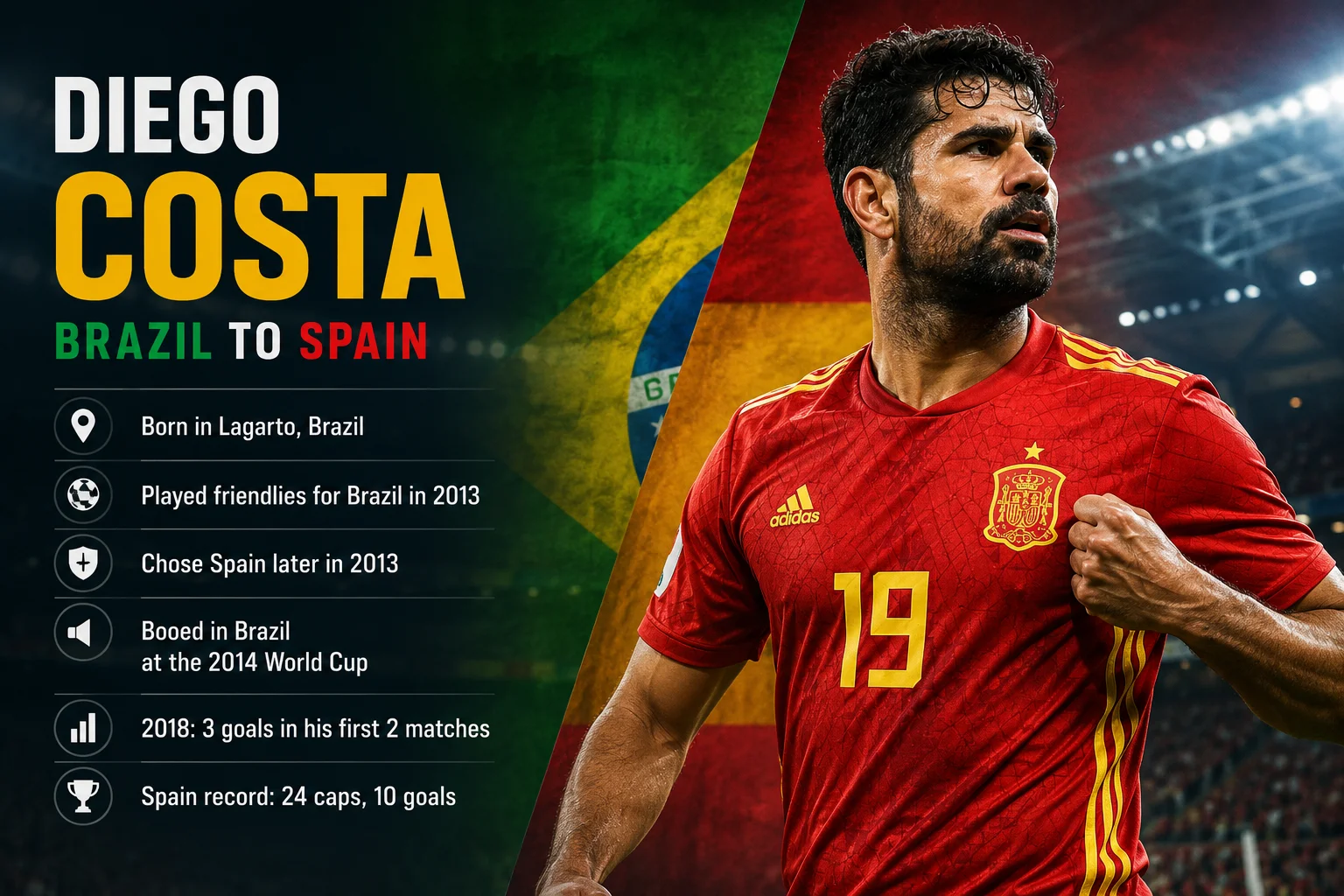 An infographic titled "The Most Controversial Modern Switch: Diego Costa" focuses on the forward's highly polarized nationality change. On the left, a large photo shows Diego Costa shouting aggressively on the pitch while wearing the red Spain national jersey. The right side contains three text blocks detailing the timeline: his initial two friendly appearances for his native Brazil in 2013, his subsequent official switch to Spain just ahead of the 2014 World Cup under manager Vicente del Bosque, and the heavy backlash, boos, and public outrage he faced from Brazilian fans during that tournament.