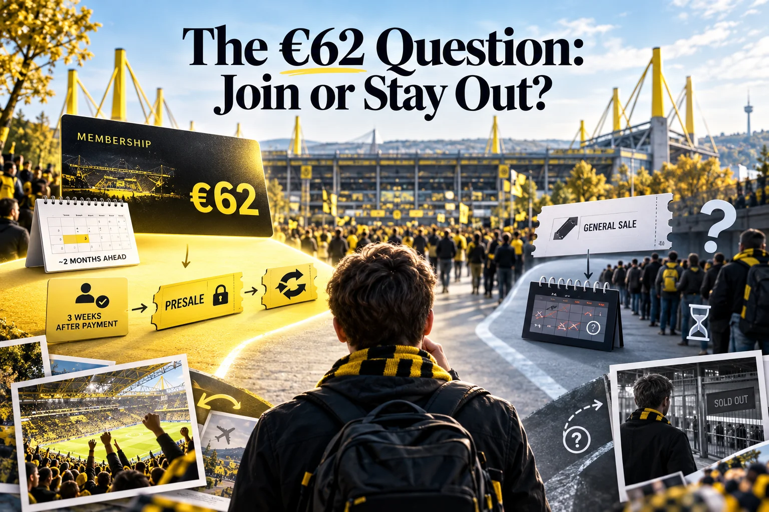 A fan standing outside Signal Iduna Park considering two paths for Borussia Dortmund tickets: paying €62 for a membership presale route versus waiting for general sale.