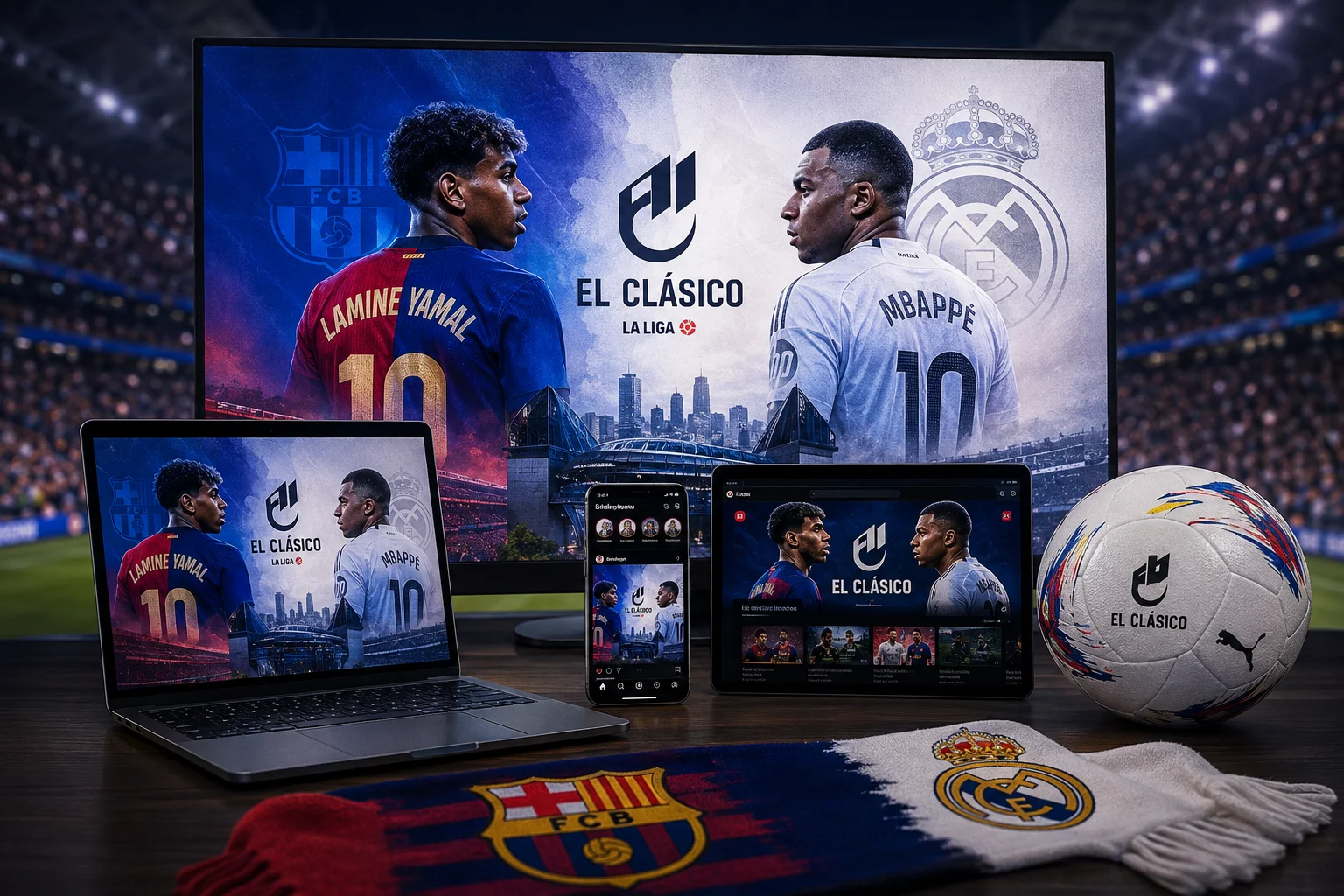 Multiple digital screens displaying an El Clásico broadcast graphic featuring Lamine Yamal and Kylian Mbappé, alongside an official match ball and team scarf.