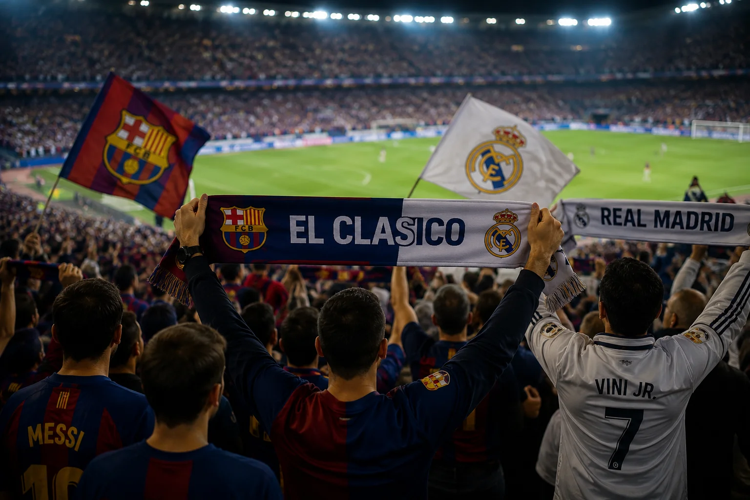 Spectators in the stadium holding up an "El Clasico" scarf flanked by FC Barcelona and Real Madrid fans waving team flags.