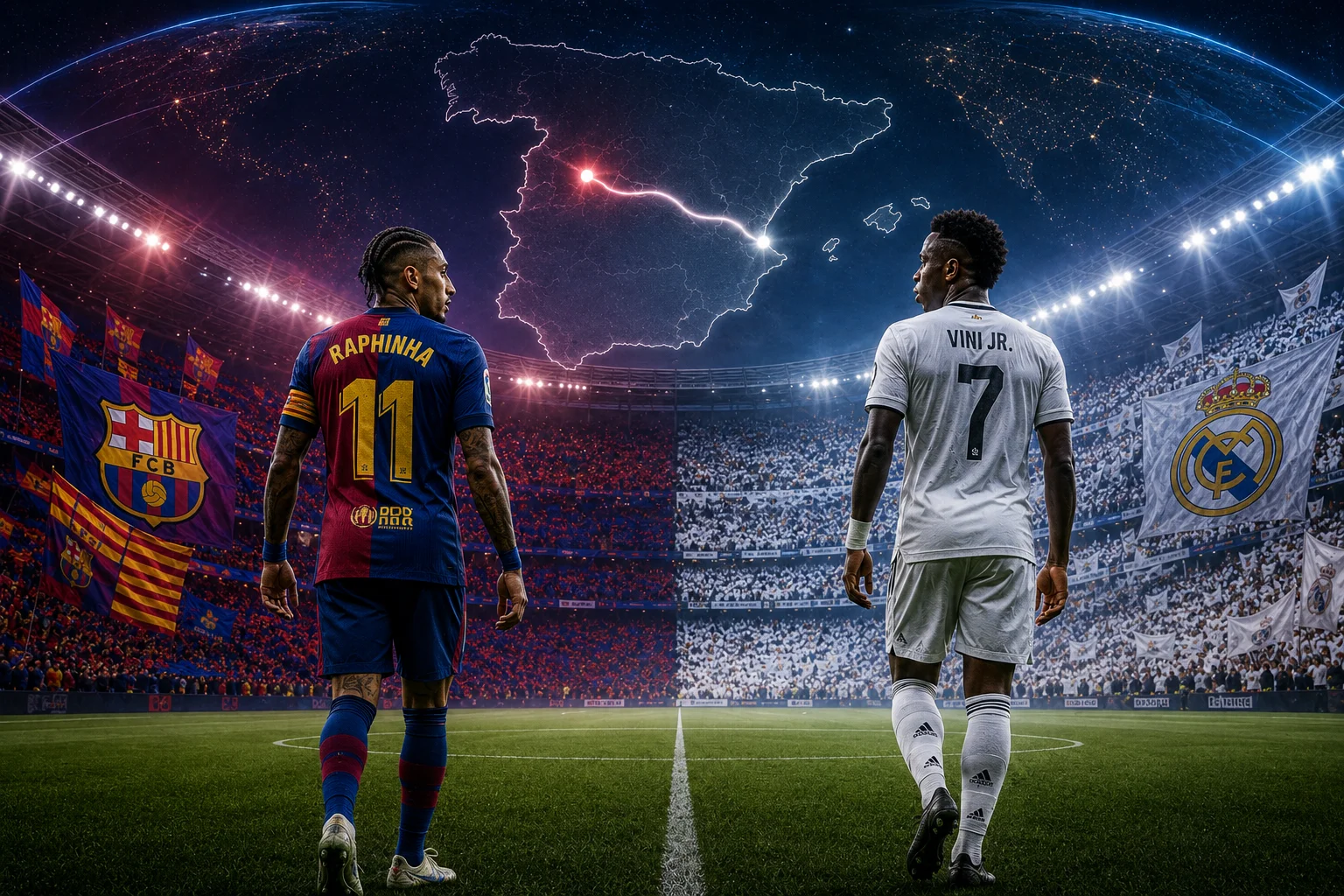 Digital graphic showing FC Barcelona's Raphinha and Real Madrid's Vinícius Jr. facing off in a packed stadium with a map of Spain connecting Madrid and Barcelona above the pitch.