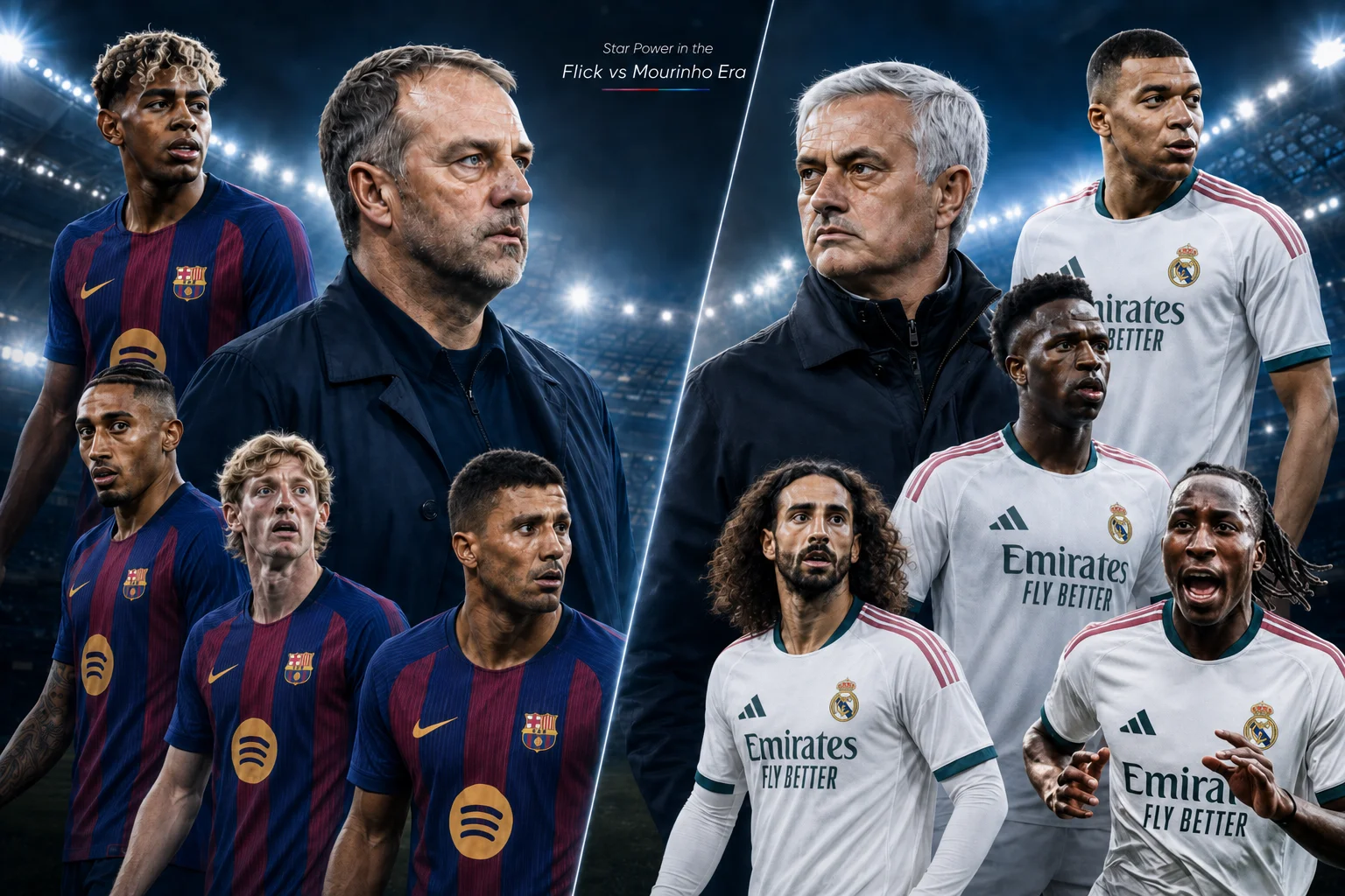 Graphic comparison showcasing star managers and players representing FC Barcelona and Real Madrid.