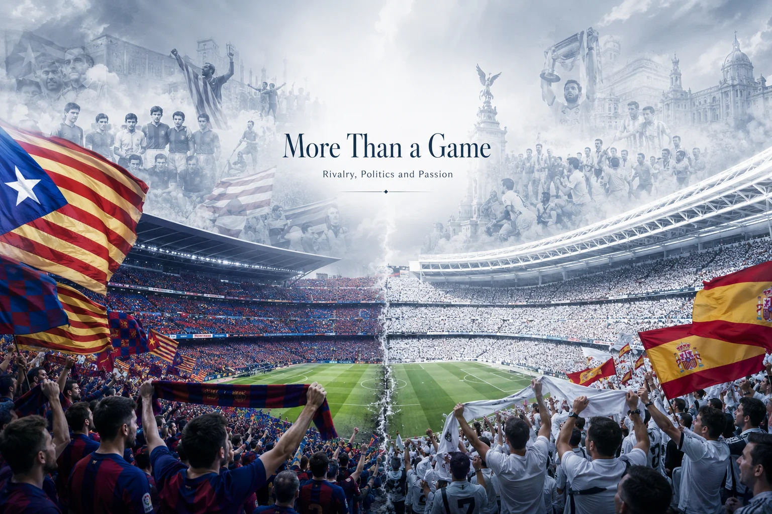 Split-stadium artwork titled "More Than a Game" showing FC Barcelona and Real Madrid supporters, team flags, and historical rivalry imagery.