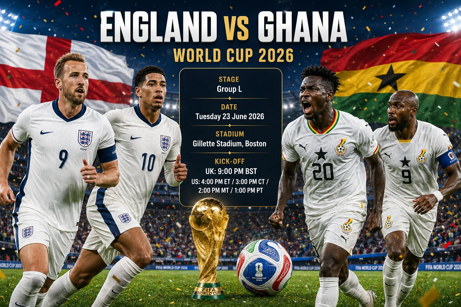 شاشة رسومية رياضية عالية الطاقة لمباراة كأس العالم 2026 لمرحلة المجموعات بين "إنجلترا ضد غانا." القسم الأيسر يُظهر لاعبًا إنجليزيًا يرتدي قميصًا أبيض ضد خلفية زرقاء فاتحة بشعار الاتحاد الإنجليزي. القسم الأيمن يُظهر لاعبًا غانيًا في ملابس بيضاء وسوداء ضد خلفية حمراء وصفراء بجانب شعار اتحاد كرة القدم الغاني. كأس العالم الذهبية المعدنية تفصل بين الجانبين فوق نص موعد المباراة: "26 يونيو | أتلانتا، جورجيا."
