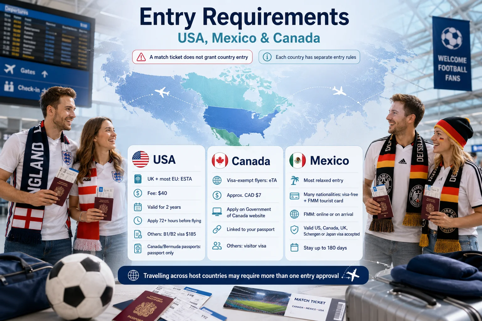 An infographic titled "Entry Requirements: USA, Mexico & Canada" outlines travel rules for the World Cup, flanked by smiling football fans in England and Germany gear holding passports. At the top, warning labels clarify that a match ticket does not grant country entry and that each nation has separate rules. The center features three columns detailing entry processes: the USA column notes that UK and most EU citizens can use an ESTA ($40, valid for 2 years, apply 72+ hours before flying), while others need a B1/B2 visa ($185), and Canadian/Bermudian citizens require a passport only. The Canada column outlines an eTA for visa-exempt flyers (approx. CAD $7, applied online and linked to the passport), with others needing a standard visitor visa. The Mexico column highlights it as the "Most relaxed entry," noting that many nationalities can enter visa-free with an FMM tourist card (online or on arrival), valid US, Canada, UK, Schengen, or Japan visas are accepted, and travelers can stay up to 180 days. A final banner at the bottom warns that traveling across these host countries may require more than one entry approval, set above a foreground showing a soccer ball, passports, and a match ticket.