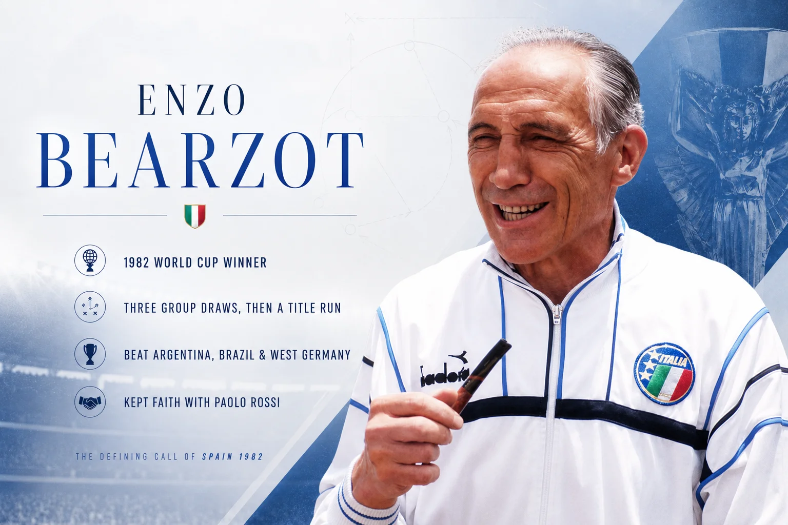 A sports legacy graphic honors Italy's tactical mastermind Enzo Bearzot. On the right, a smiling Bearzot looks off-camera against a bright stadium overlay, dressed in a white Diadora Italy track jacket with a prominent "Italia" crest and holding his trademark pipe in his hand. The left half displays key highlights from his 1982 World Cup victory in Spain, noting a difficult initial phase of three group draws before an exceptional title run. The infographic proudly calls out that his squad beat football powerhouses Argentina, Brazil, and West Germany, while praising his loyalty as he kept faith with striker Paolo Rossi.