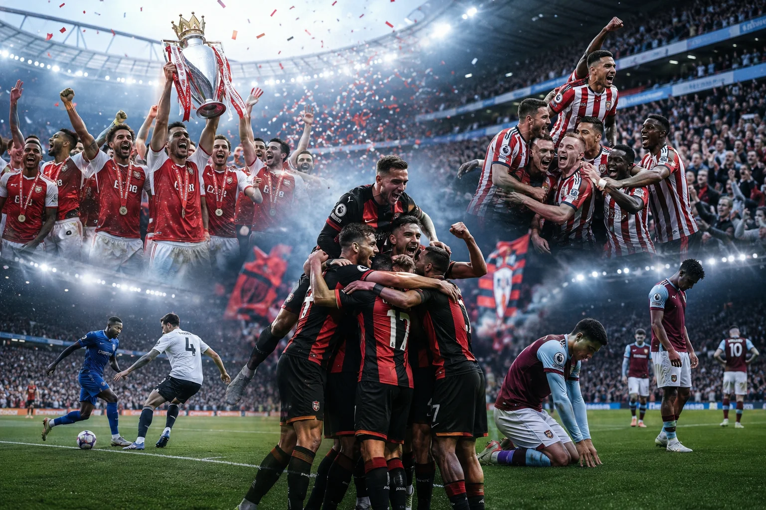 A high-energy composite image showcasing iconic Premier League moments, including trophy celebrations, goal celebrations, and match action.