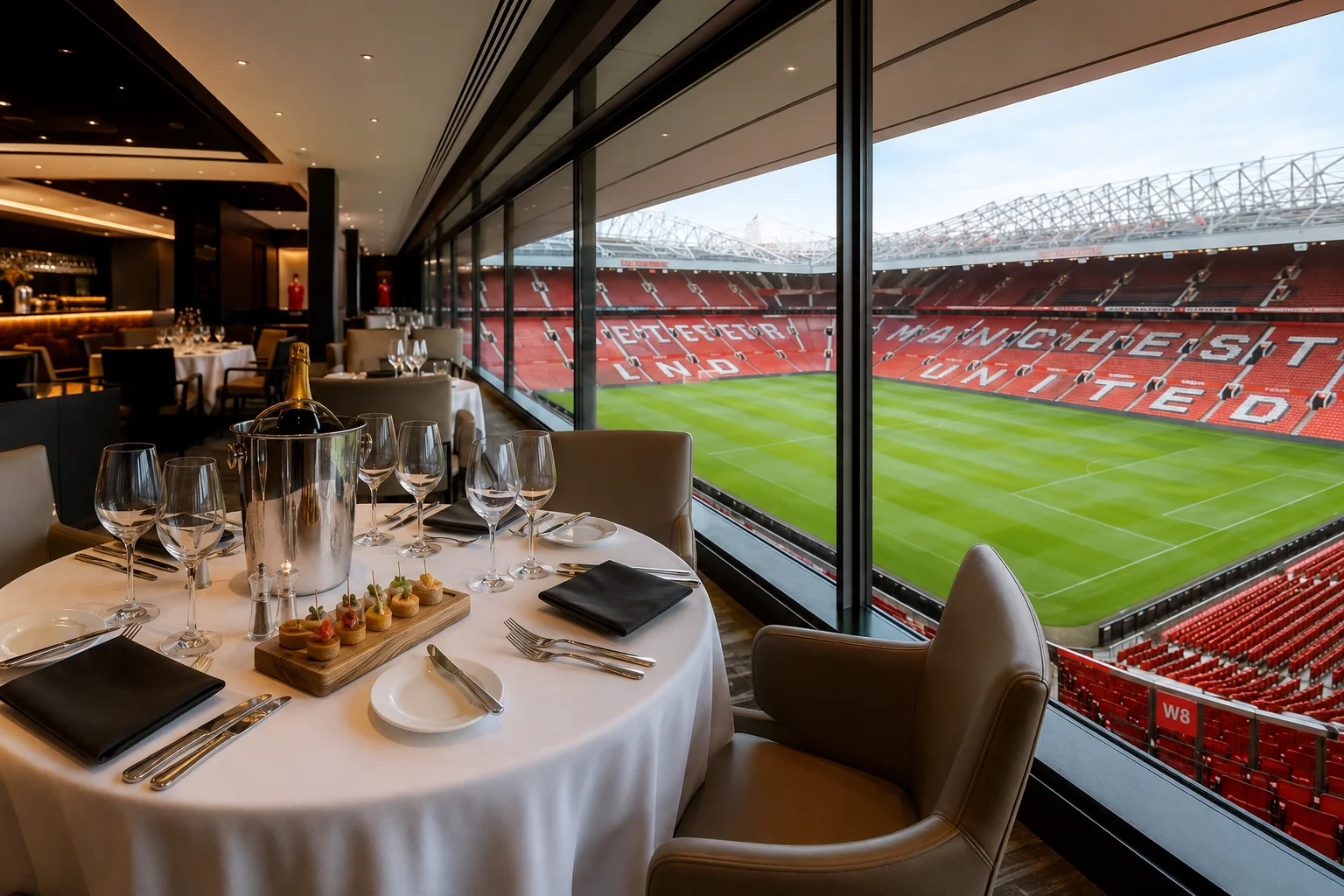 Guests dining at a counter-style table directly facing the pitch at Chelsea's Stamford Bridge stadium, watching a live match while enjoying food and drinks.