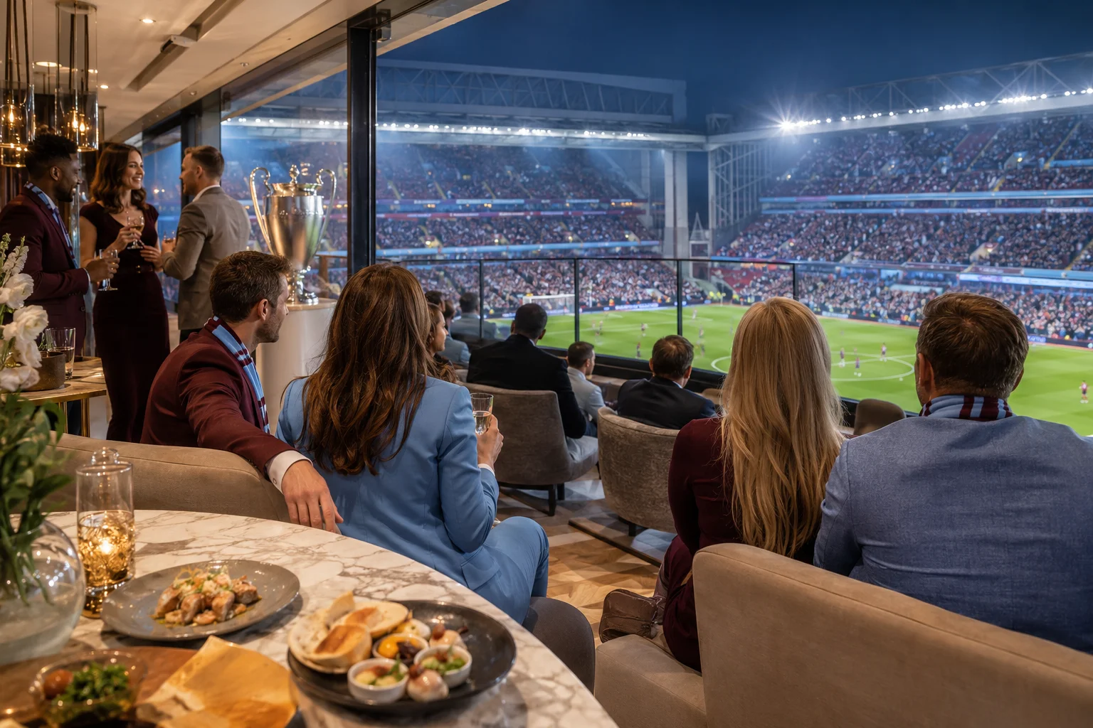 Guests in claret and blue attire drinking champagne and enjoying fine dining in a luxury executive suite, featuring a European trophy replica on display and open-air seating overlooking Villa Park stadium during an evening match.