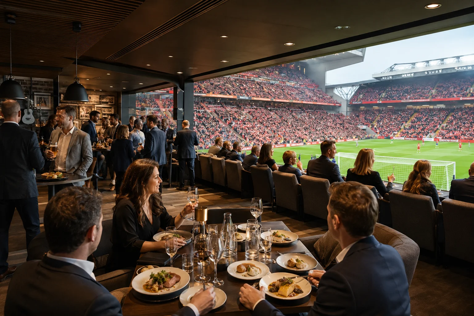 Guests relaxing on comfortable armchairs in an luxury corporate box at Arsenal's Emirates Stadium, featuring champagne, gourmet hors d'oeuvres, and an elevated view of the football pitch.