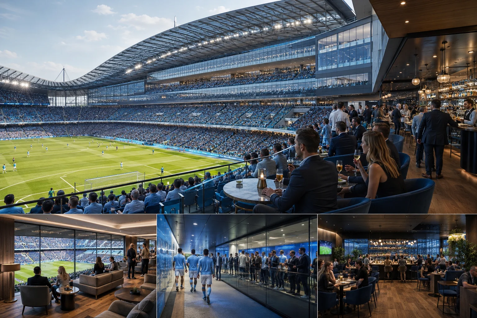 Guests enjoying fine dining and drinks inside an executive suite at Liverpool's Anfield stadium, with high-backed padded seats directly overlooking the pitch during a match.