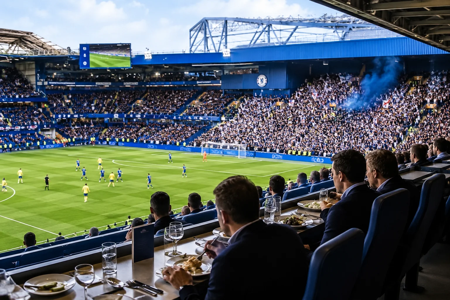 Guests enjoying drinks on a high rooftop bar terrace overlooking the cityscape and Newcastle United's St James' Park stadium on a clear day.